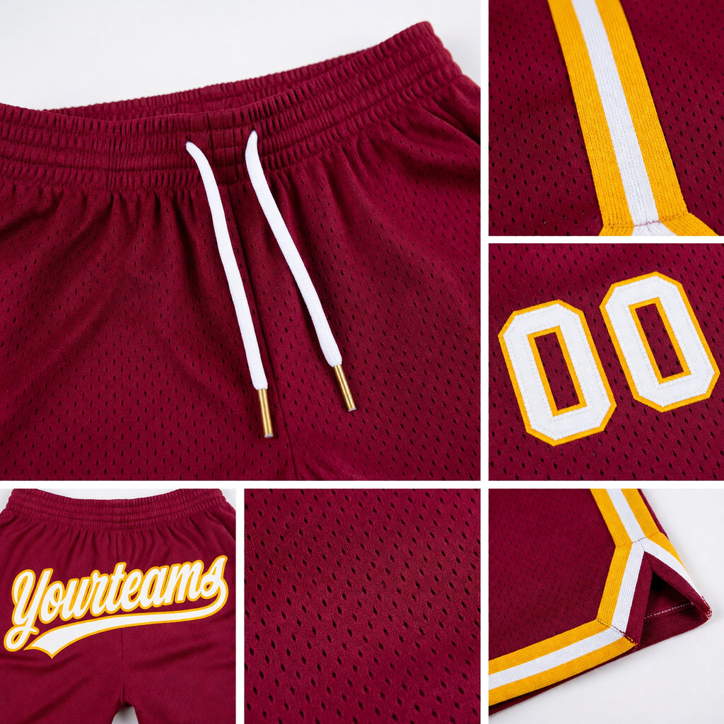 Custom Maroon White-Gold Authentic Throwback Basketball Shorts detail