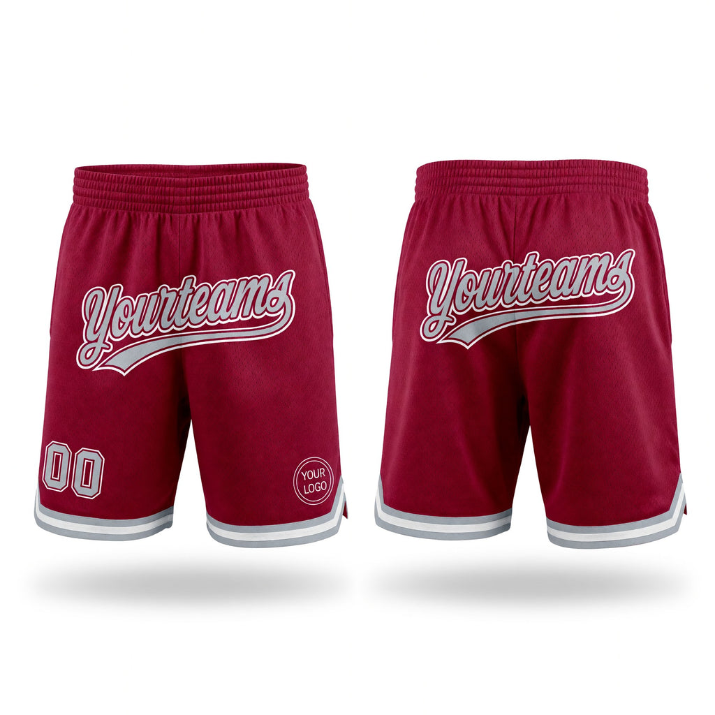 Custom Maroon Gray-White Authentic Throwback Basketball Shorts