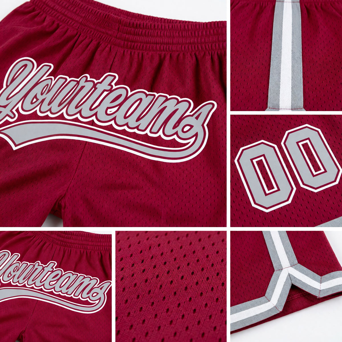 Custom Maroon Gray-White Authentic Throwback Basketball Shorts detail