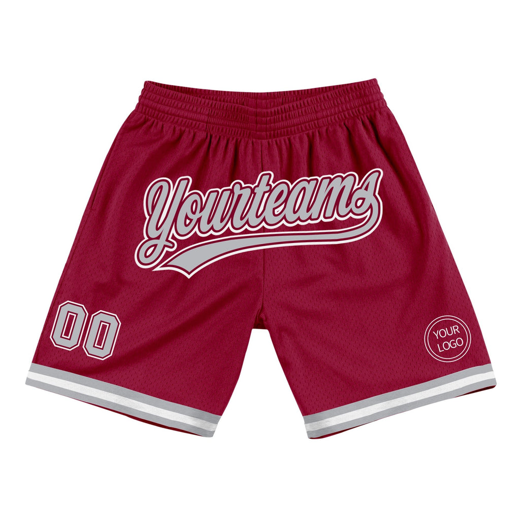 Custom Maroon Gray-White Authentic Throwback Basketball Shorts photo 1