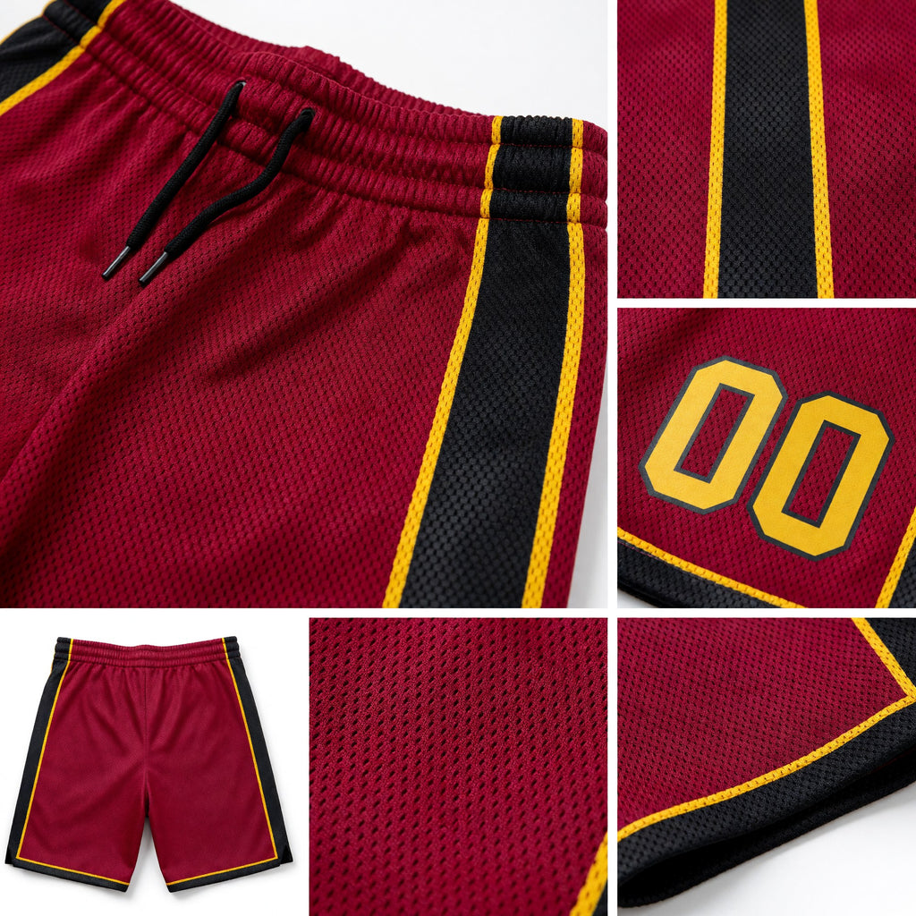 Custom Maroon Gold-Black Authentic Basketball Shorts detail