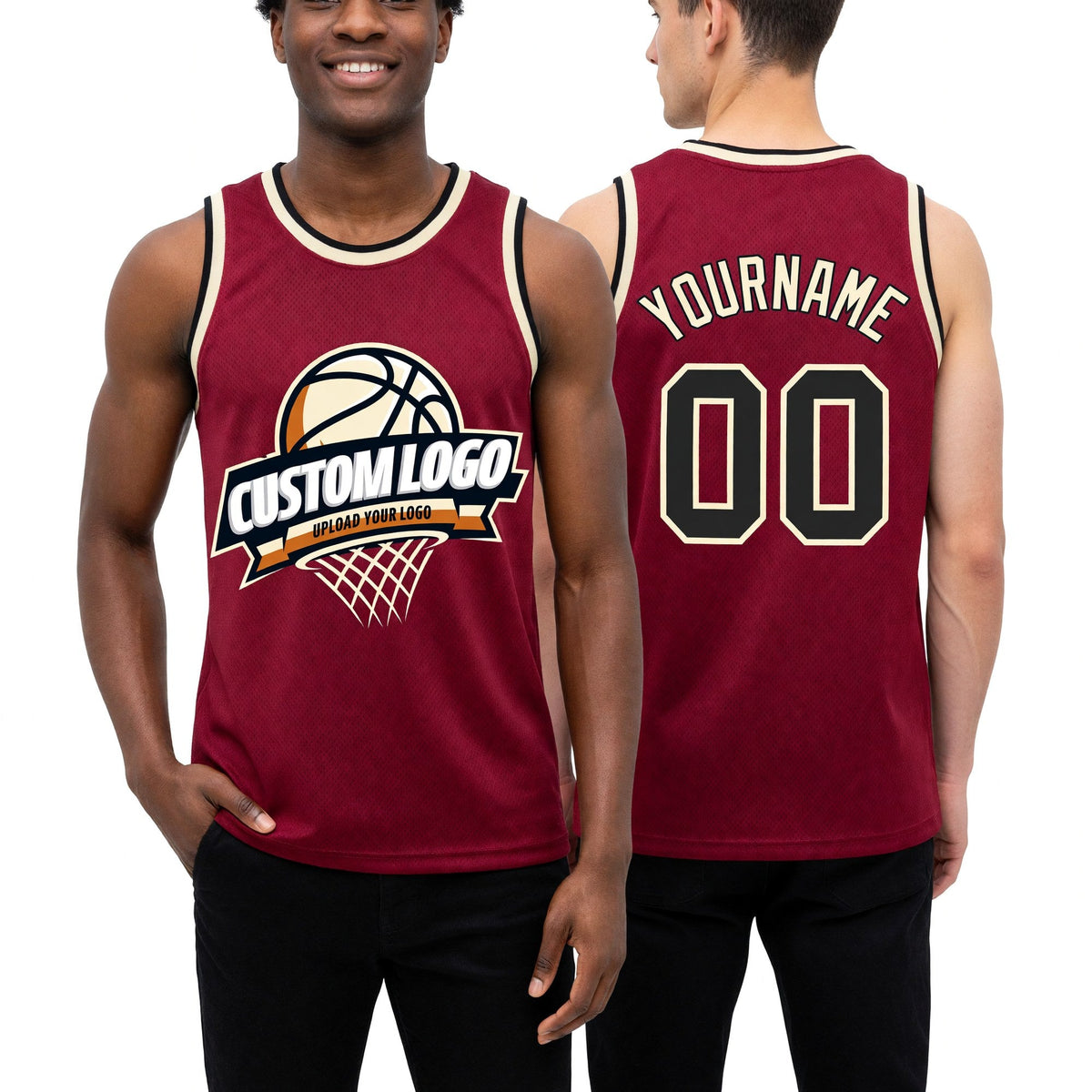 Custom Maroon Black-Cream Authentic Throwback Basketball Jersey worn front and back