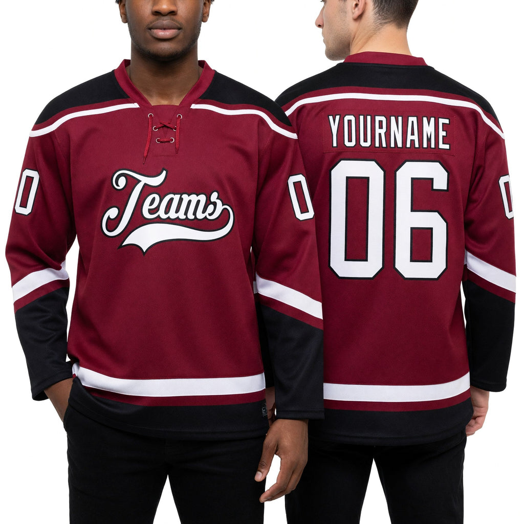 Custom Maroon White-Black Hockey Lace Neck Jersey worn front and back