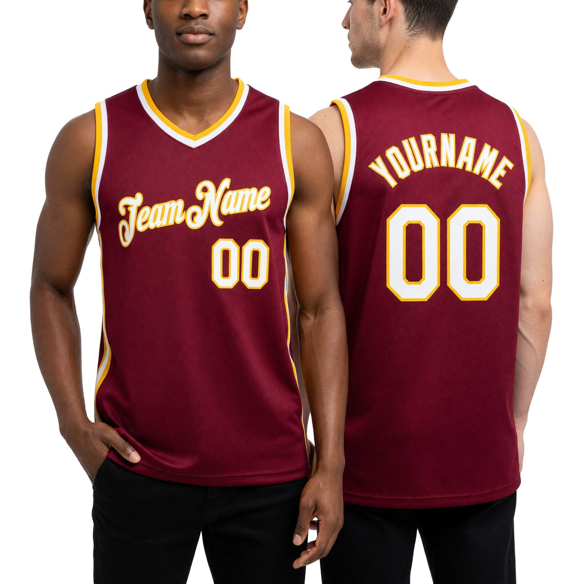Custom Maroon White-Gold Authentic Throwback Basketball Jersey worn front and back