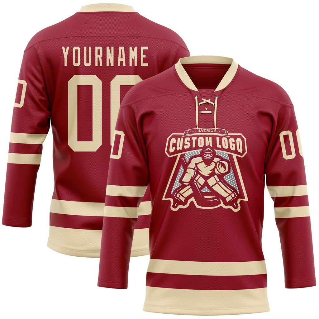 Custom Maroon Cream Hockey Lace Neck Jersey photo 2