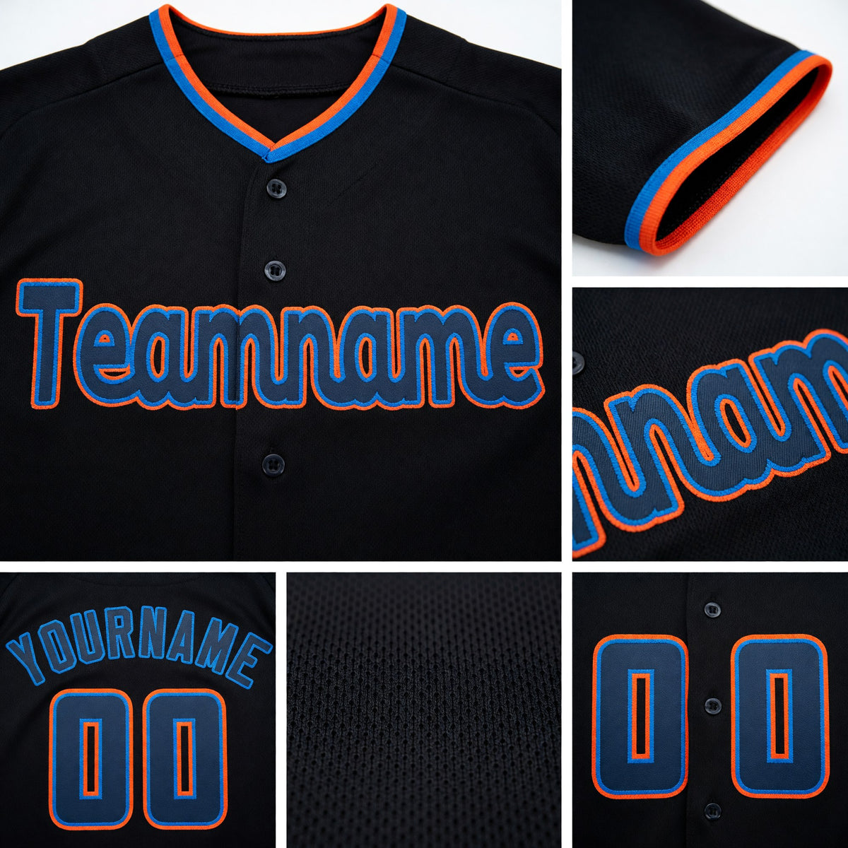 Custom Black Powder Blue-Orange Baseball Jersey detail