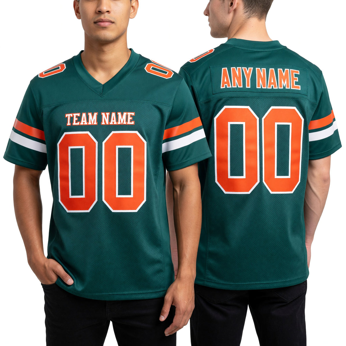 Custom Midnight Green Orange-White Mesh Authentic Football Jersey worn front and back