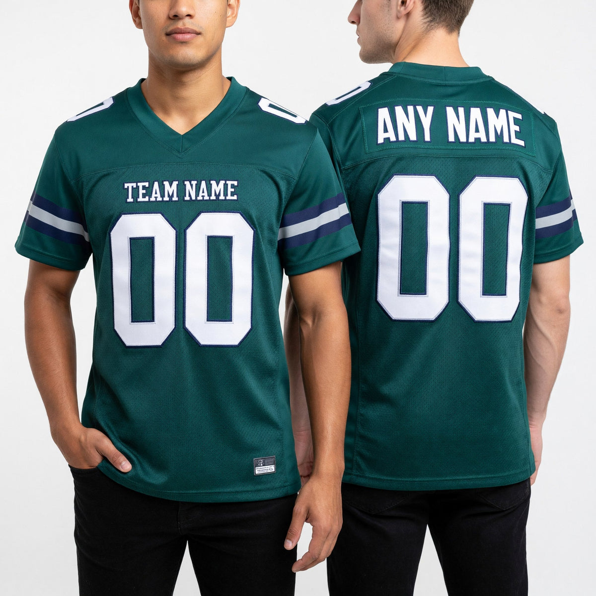 Custom Midnight Green White-Navy Mesh Authentic Football Jersey worn front and back