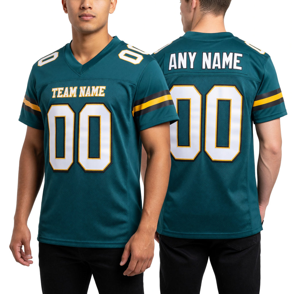 Custom Midnight Green White-Old Gold Mesh Authentic Football Jersey worn front and back