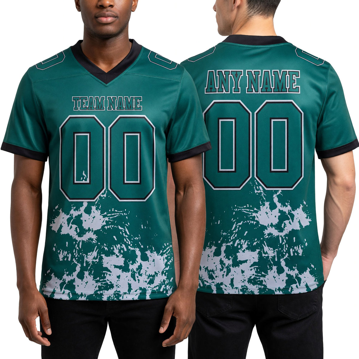 Custom Midnight Green Gray-Black 3D Pattern Splash Authentic Football Jersey worn front and back
