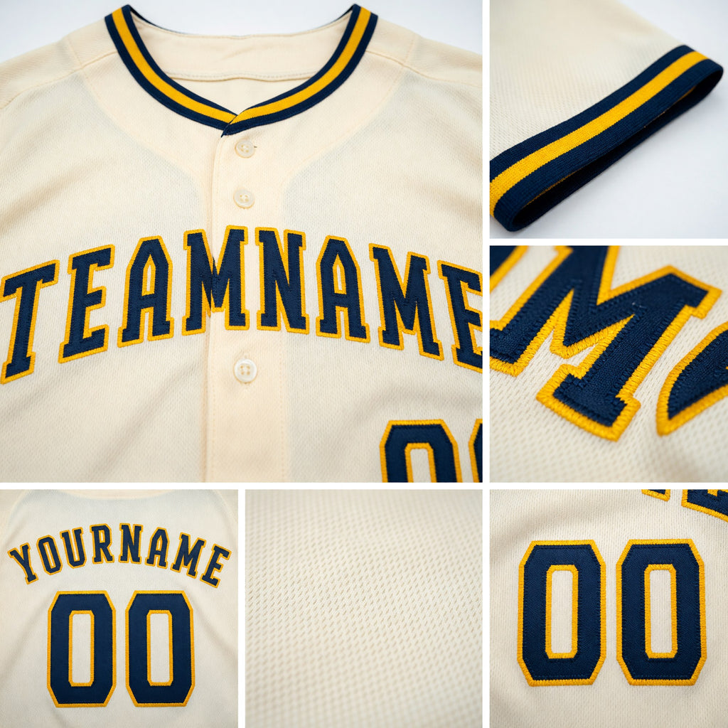 Custom Cream Navy-Gold Baseball Jersey detail