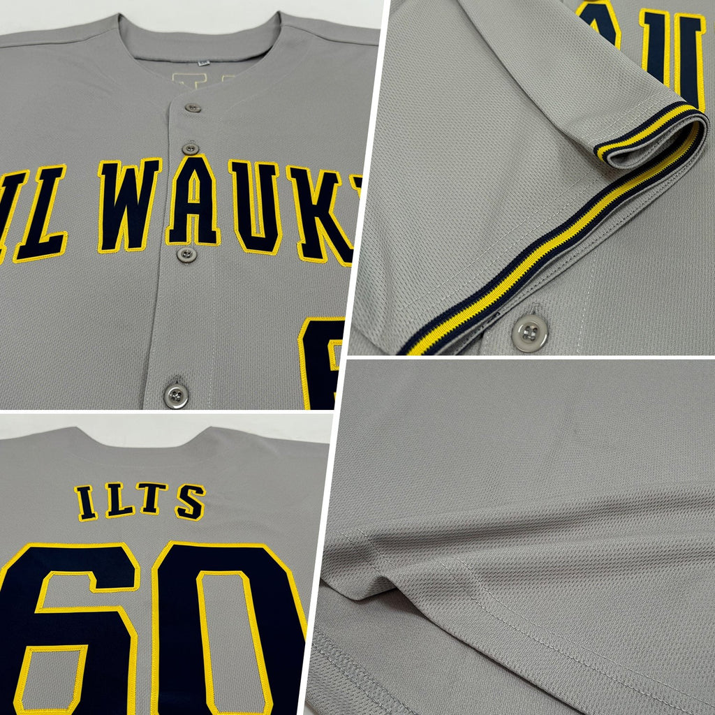 Custom Gray Navy-Gold Baseball Jersey photo 1