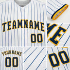Custom White Royal Pinstripe Navy-Gold Baseball Jersey detail