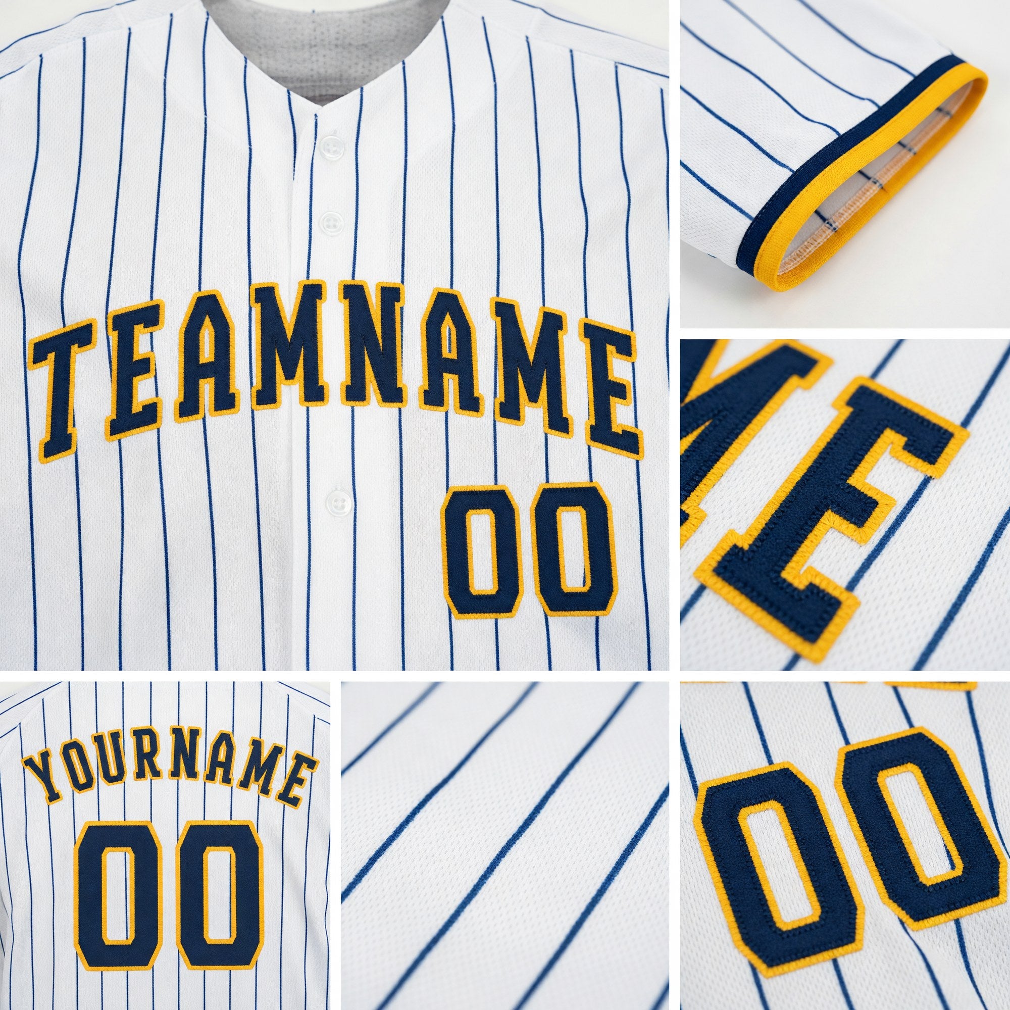 Custom White Royal Pinstripe Navy-Gold Baseball Jersey detail
