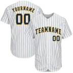 Custom White Royal Pinstripe Navy-Gold Baseball Jersey photo 1