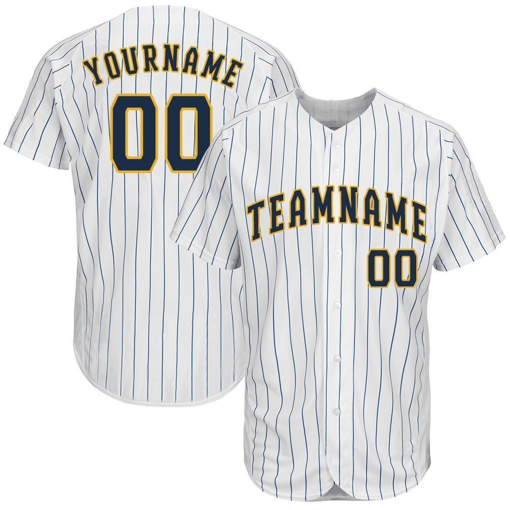 Custom White Royal Pinstripe Navy-Gold Baseball Jersey photo 1