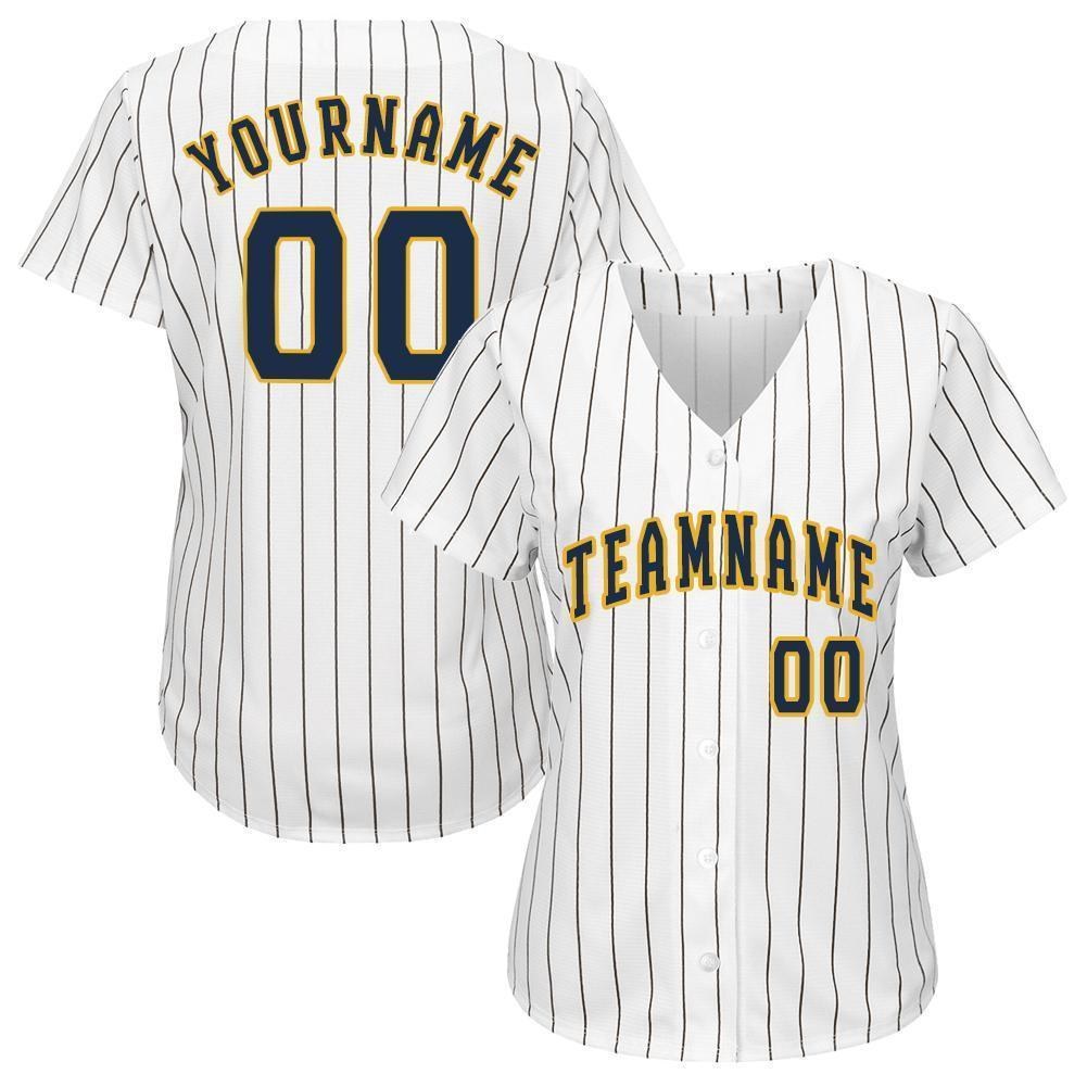 Custom White Royal Pinstripe Navy-Gold Baseball Jersey photo 2