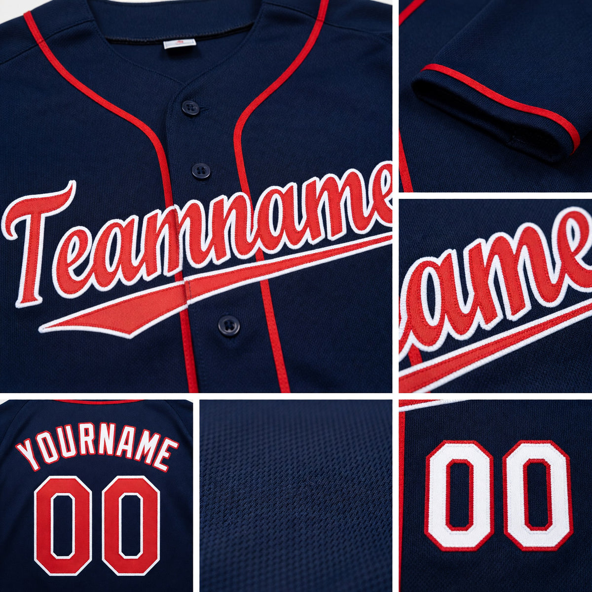 Custom Navy Red-White Baseball Jersey detail
