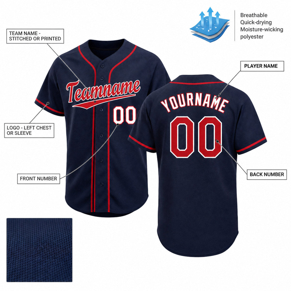 Custom Navy Baseball Jersey with Red and White Lettering Design 0139 customization guide