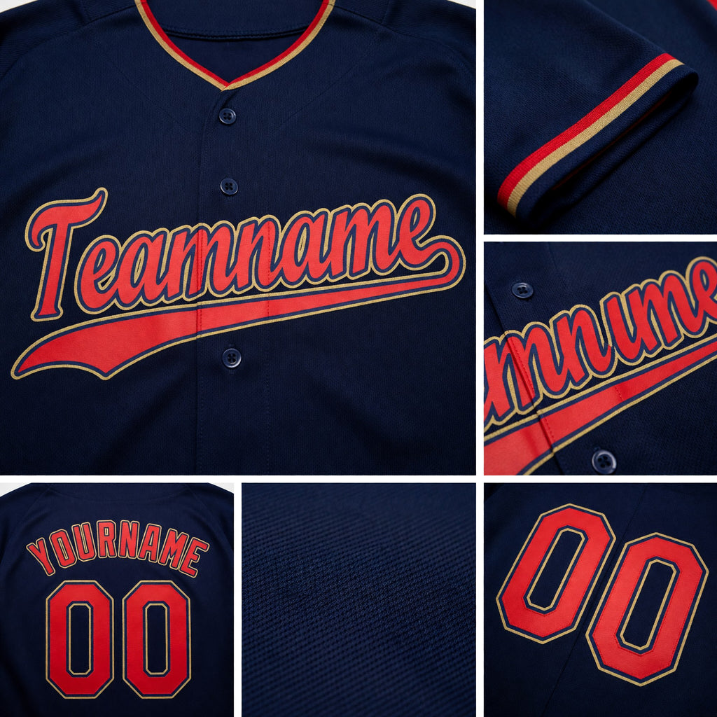 Custom Navy Red-Old Gold Baseball Jersey detail
