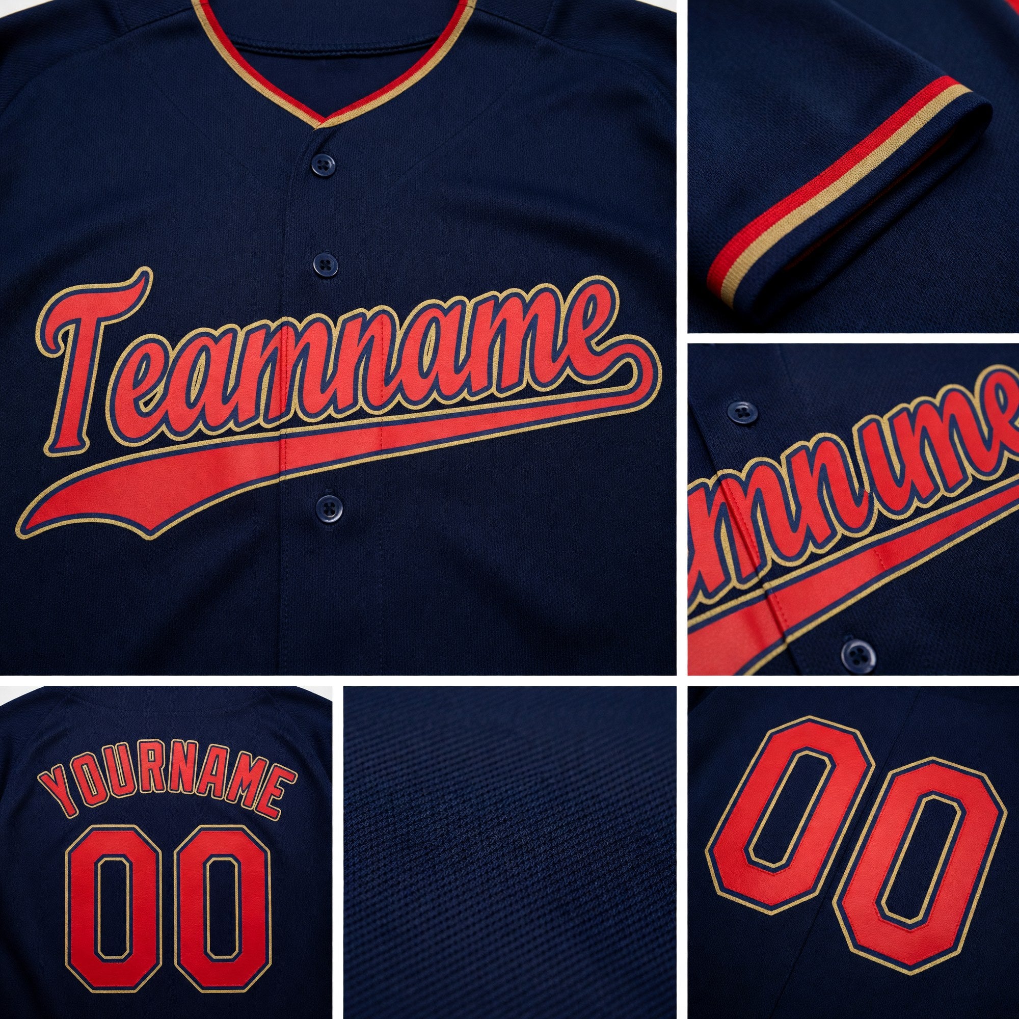 Custom Navy Red-Old Gold Baseball Jersey detail