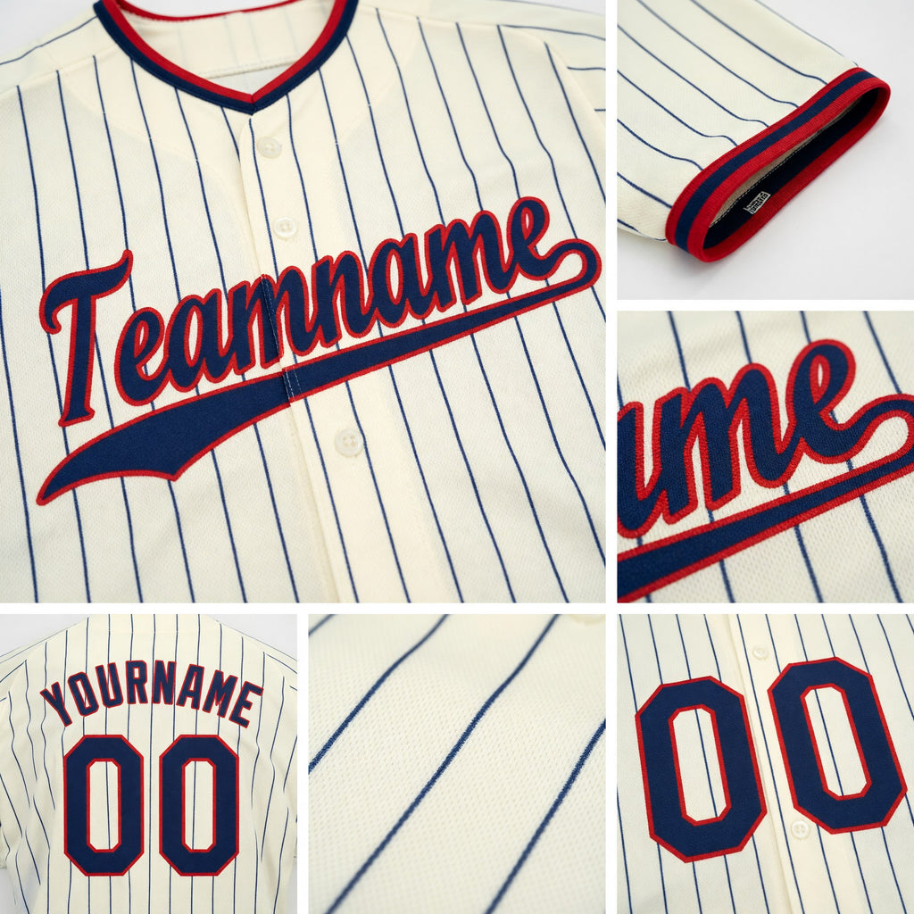 Custom Cream Navy Pinstripe Navy-Red Baseball Jersey detail