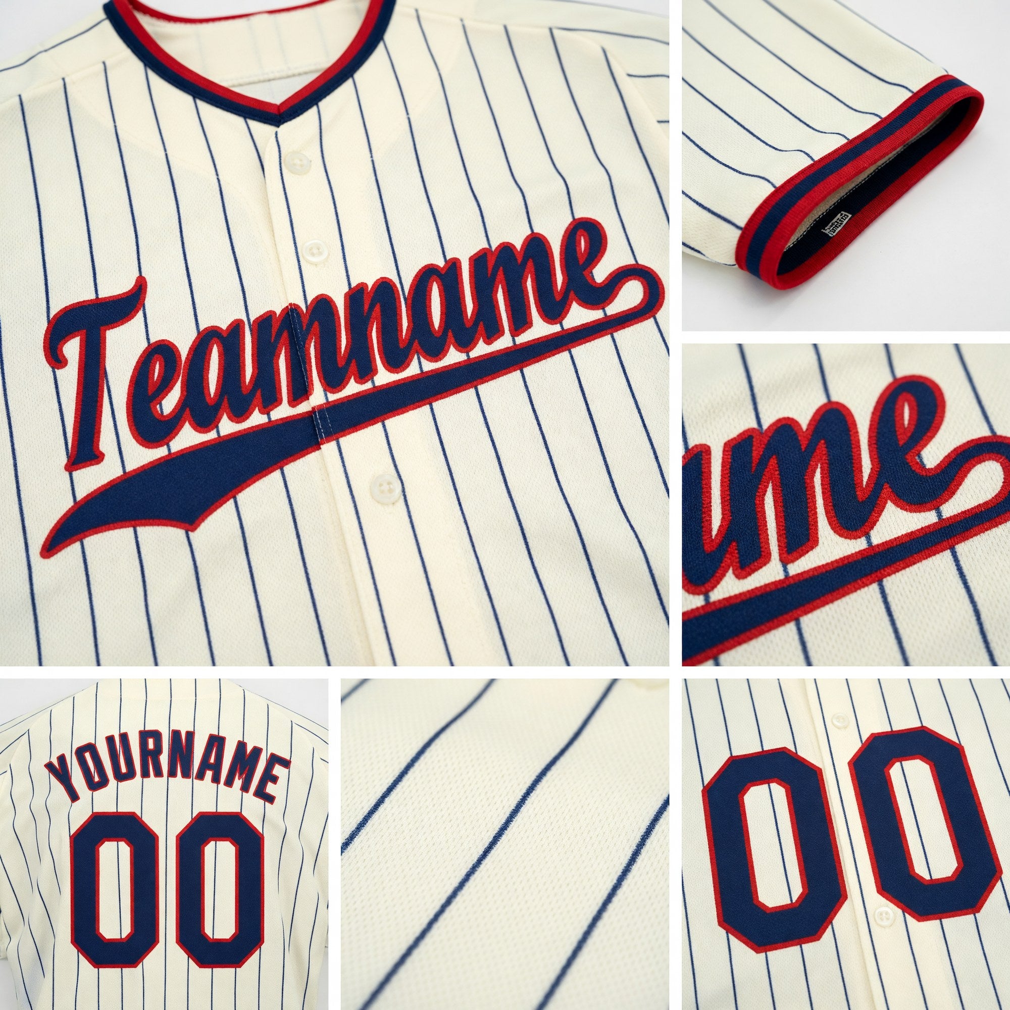 Custom Cream Navy Pinstripe Navy-Red Baseball Jersey detail