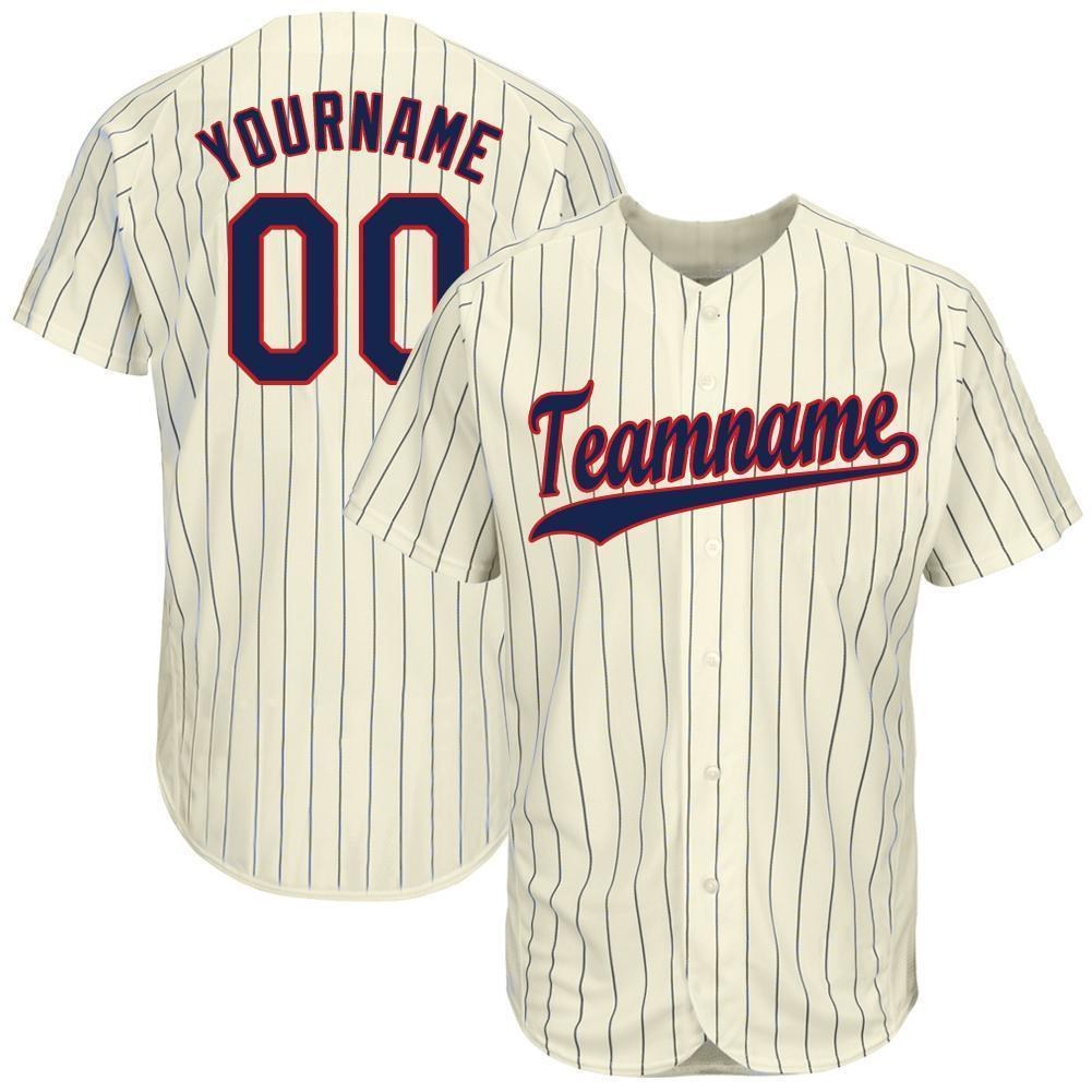 Custom Cream Navy Pinstripe Navy-Red Baseball Jersey photo 1
