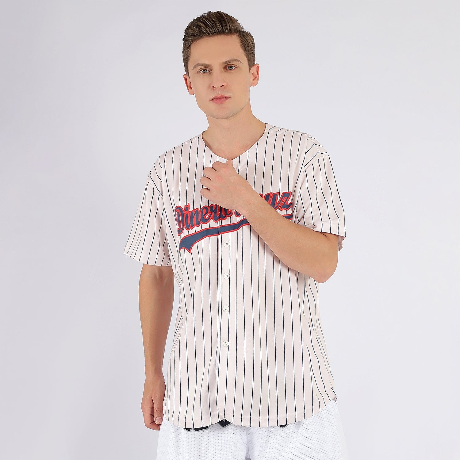 Custom Cream Navy Pinstripe Navy-Red Baseball Jersey photo 2