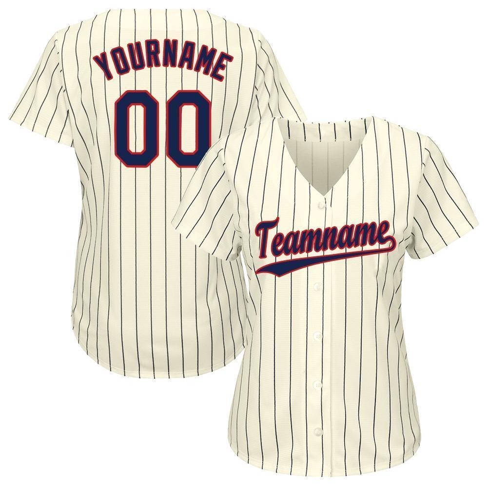 Custom Cream Navy Pinstripe Navy-Red Baseball Jersey photo 3