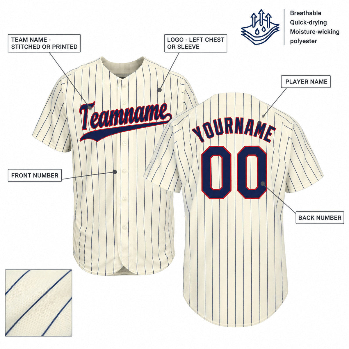 Custom Cream and Navy Pinstripe Baseball Jersey with Navy and Red Lettering customization guide