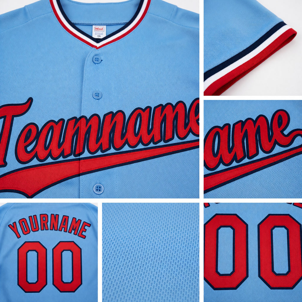 Custom Light Blue Red-Navy Baseball Jersey detail