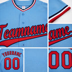 Custom Light Blue Red-Navy Baseball Jersey detail