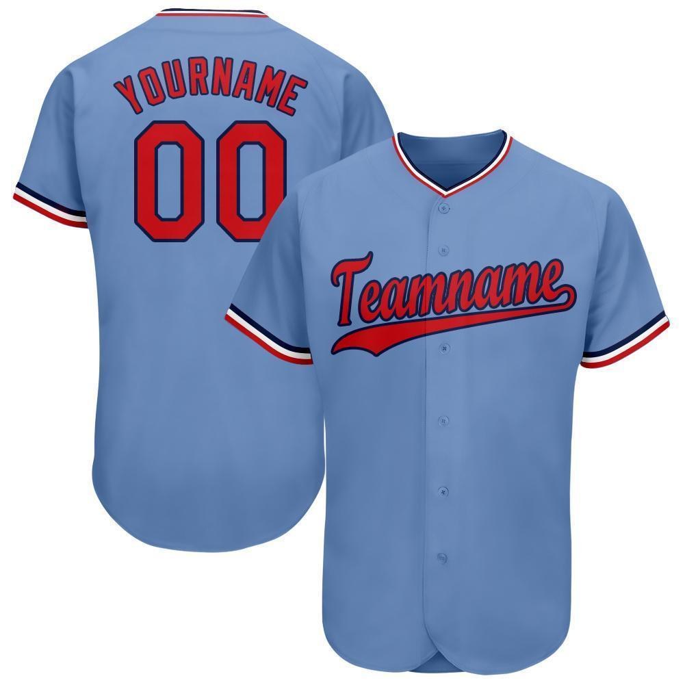 Custom Light Blue Red-Navy Baseball Jersey photo 1