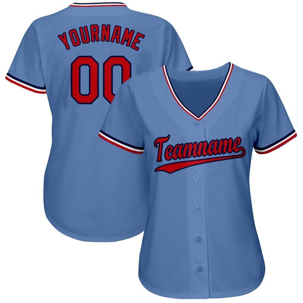 Custom Light Blue Red-Navy Baseball Jersey photo 2