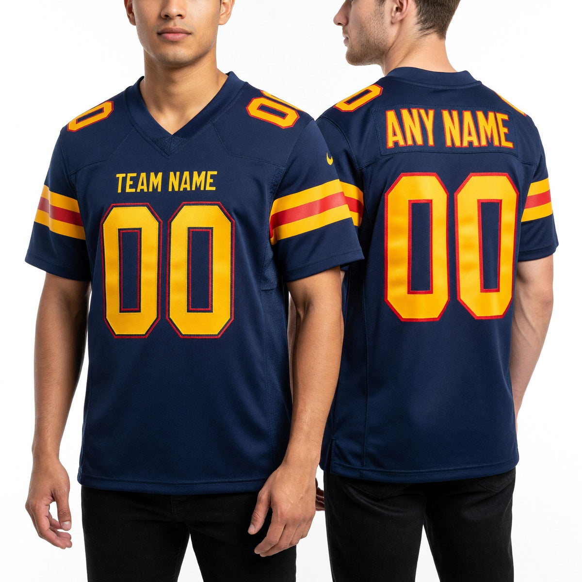 Custom Navy Gold-Red Mesh Authentic Football Jersey worn front and back