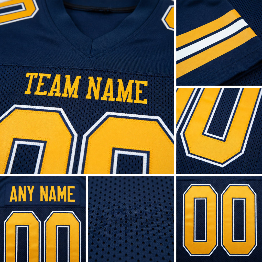 Custom Navy Gold-White Mesh Authentic Football Jersey detail