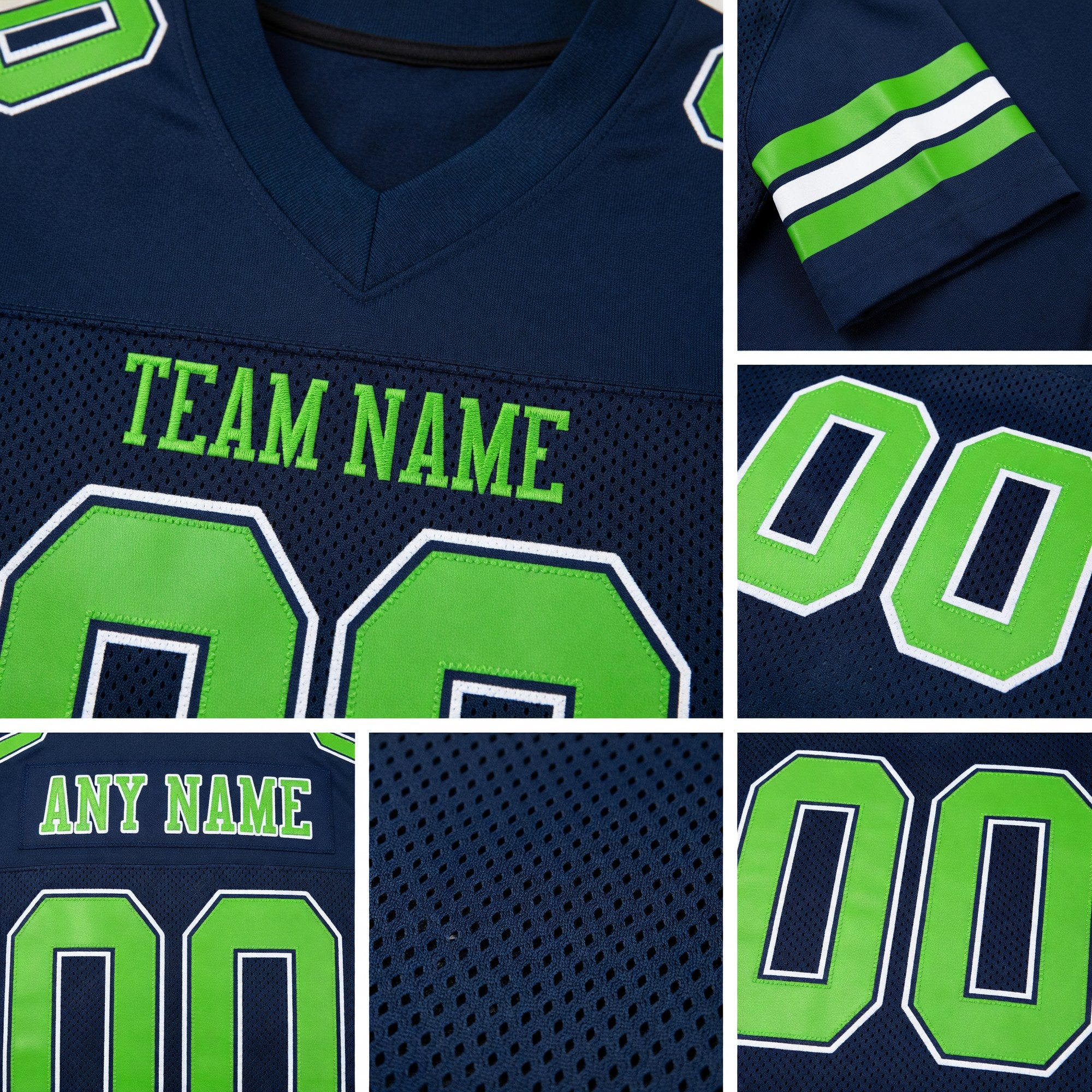 Custom Navy Neon Green-White Mesh Authentic Football Jersey detail