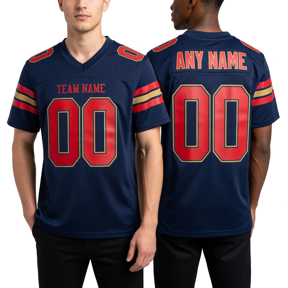 Custom Navy Red-Old Gold Mesh Authentic Football Jersey worn front and back