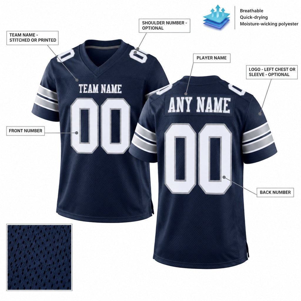 Custom Navy Mesh Authentic Football Jersey with White and Light Gray Lettering Design 0015 customization guide