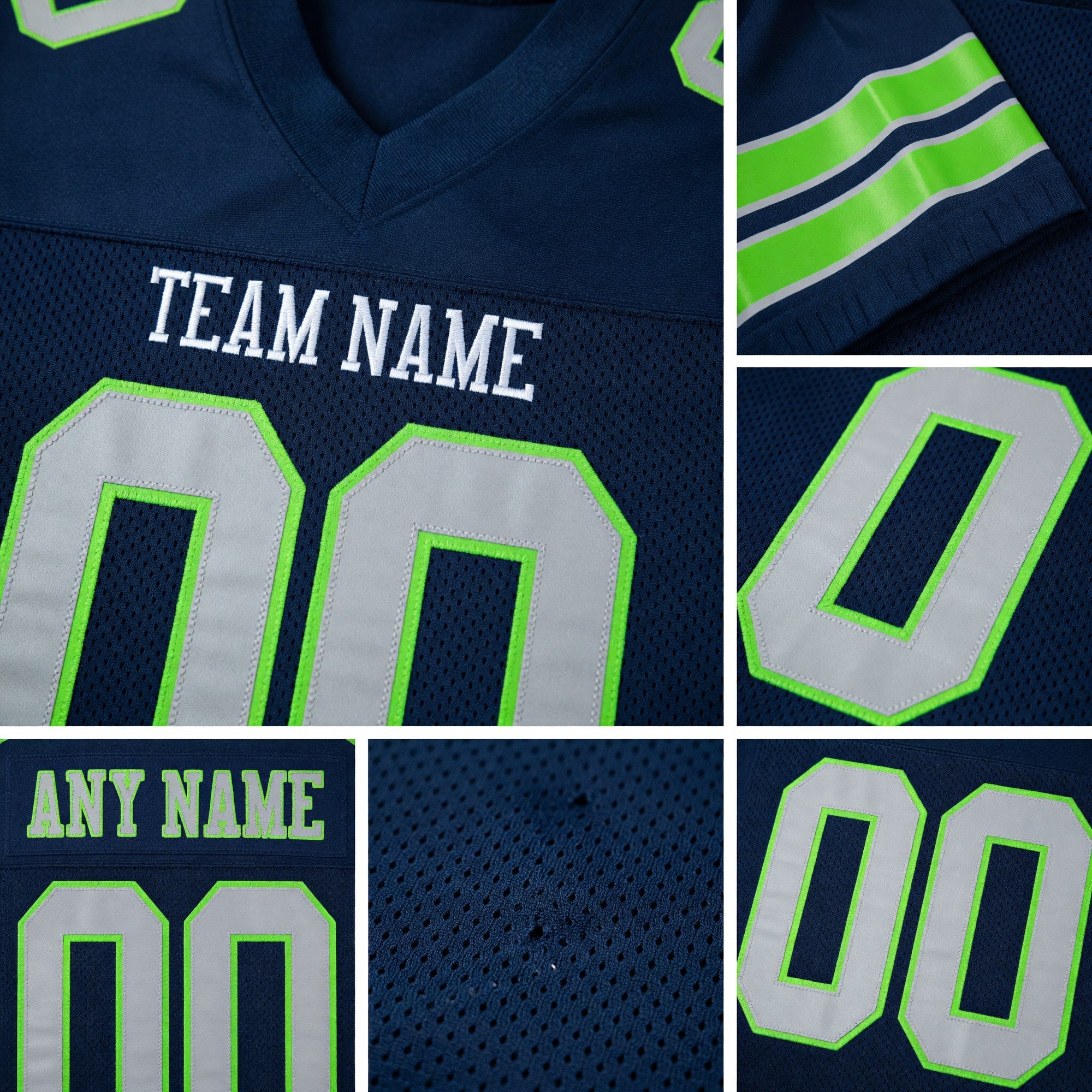 Custom Navy Light Gray-Neon Green Mesh Authentic Football Jersey detail