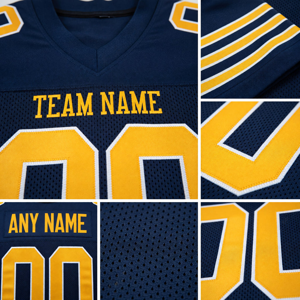Custom Navy Gold-White Mesh Authentic Football Jersey detail