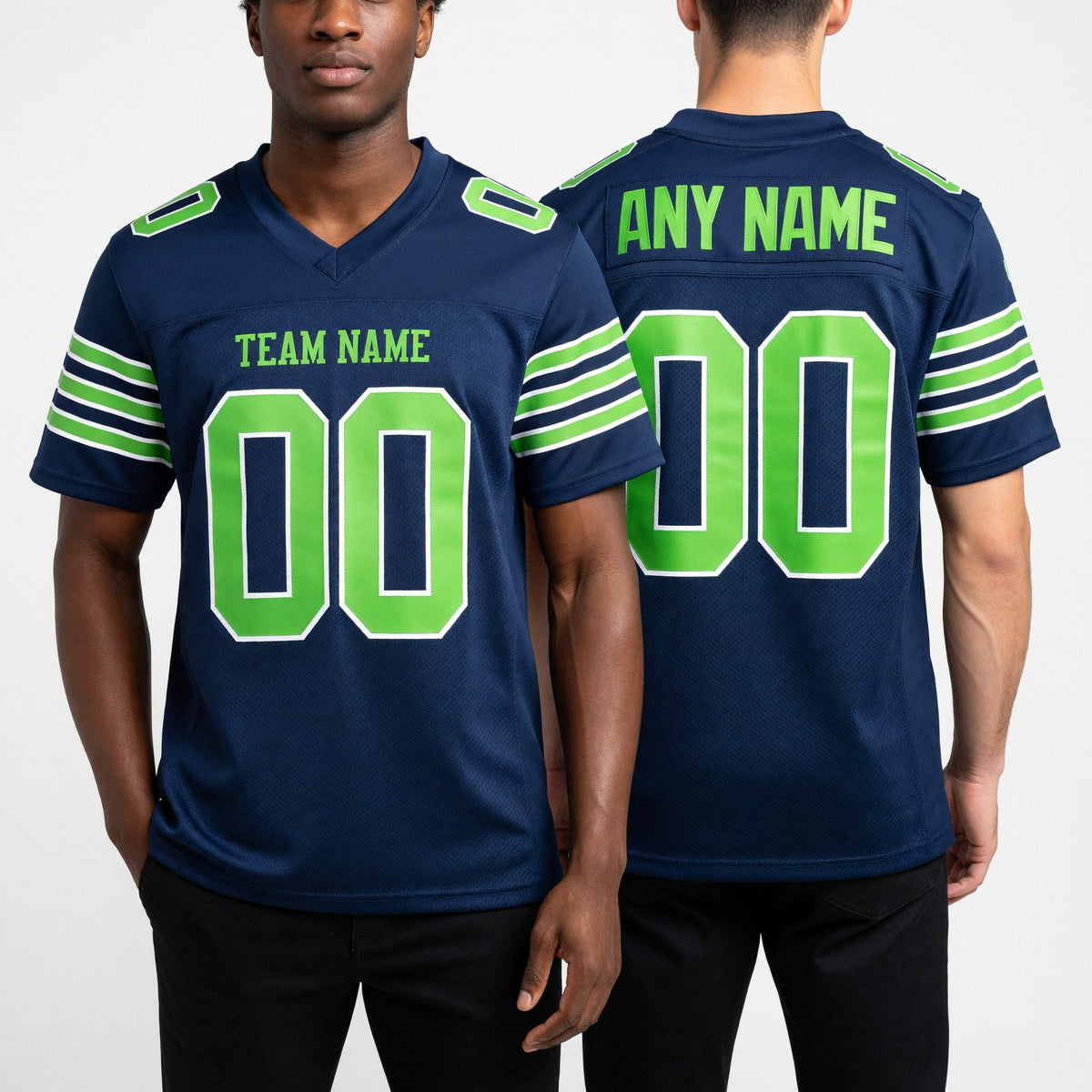 Custom Navy Neon Green-White Mesh Authentic Football Jersey worn front and back