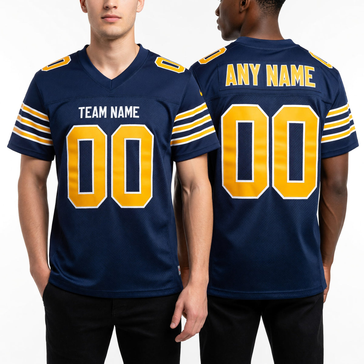 Custom Navy Old Gold-White Mesh Authentic Football Jersey worn front and back