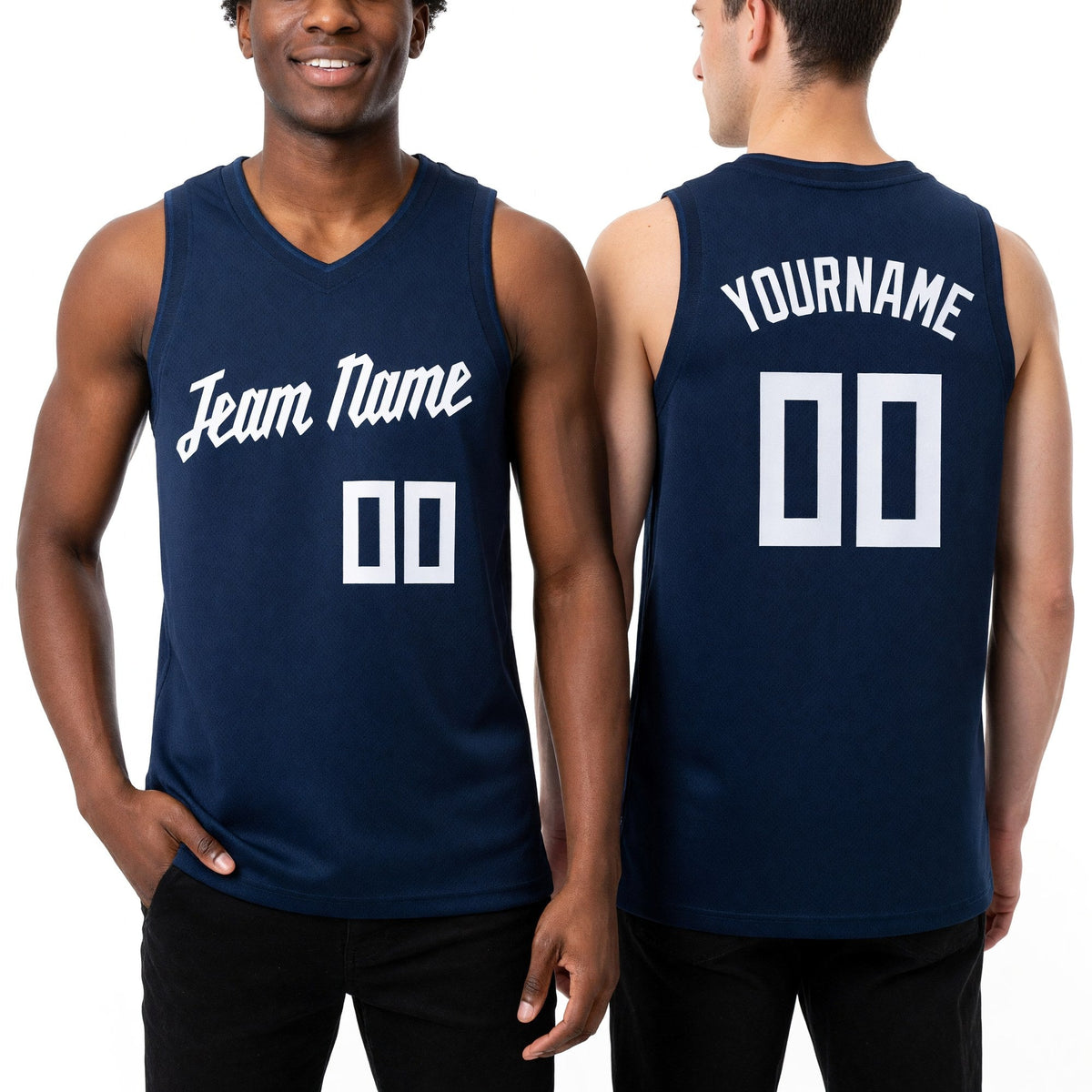 Custom Navy White Round Neck Basketball Jersey worn front and back