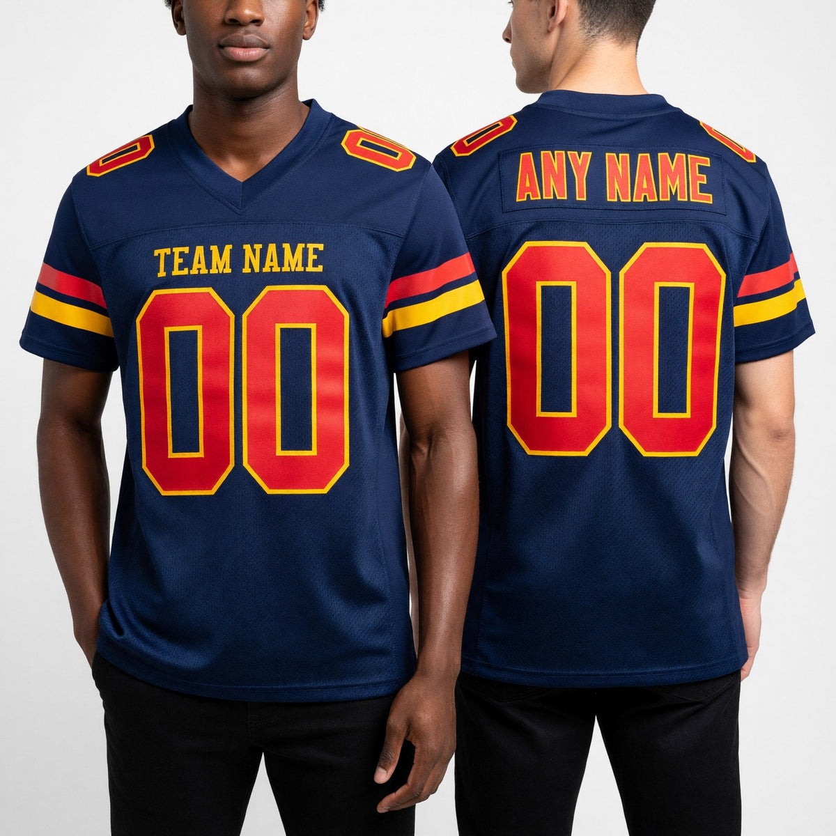 Custom Navy Scarlet-Gold Mesh Authentic Football Jersey worn front and back