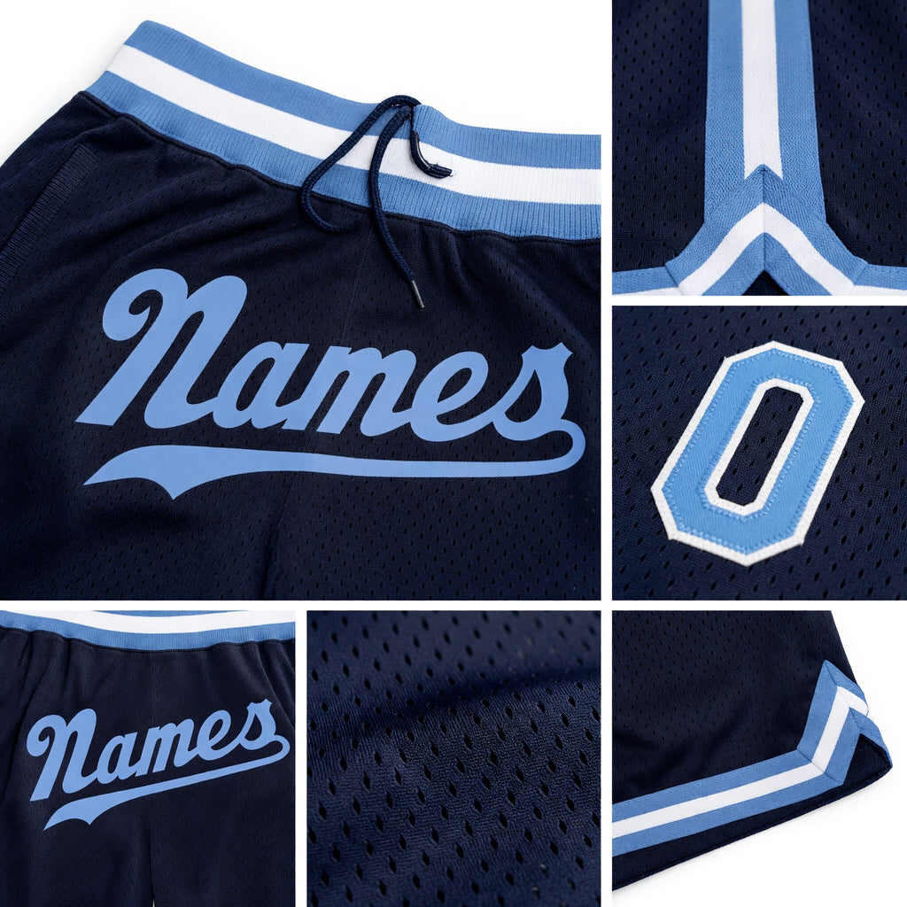 Custom Navy Light Blue-White Authentic Throwback Basketball Shorts detail