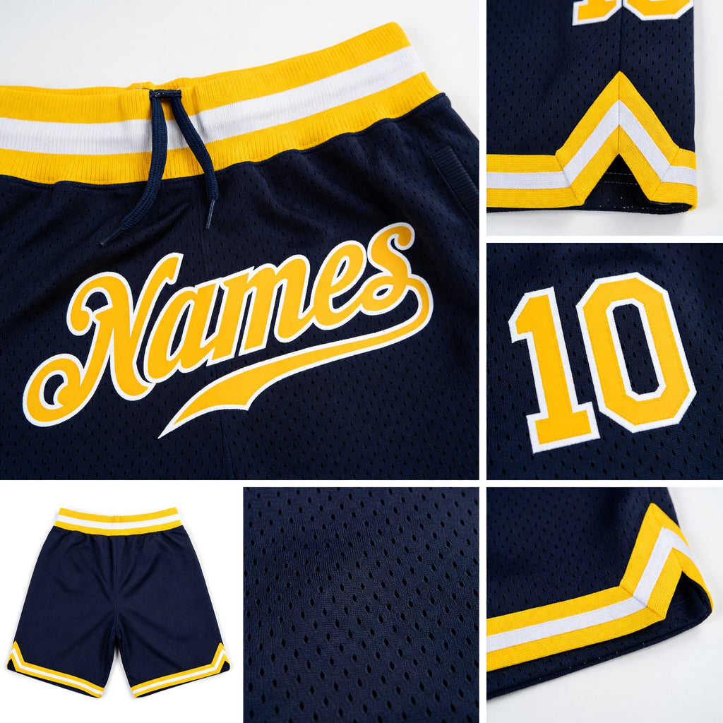 Custom Navy Gold-White Authentic Throwback Basketball Shorts detail