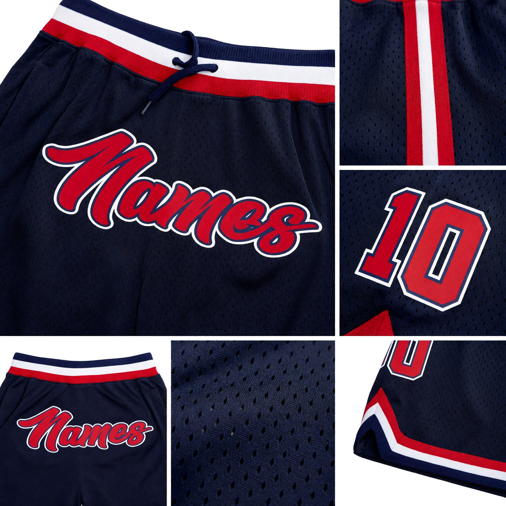 Custom Navy Red-White Authentic Throwback Basketball Shorts detail