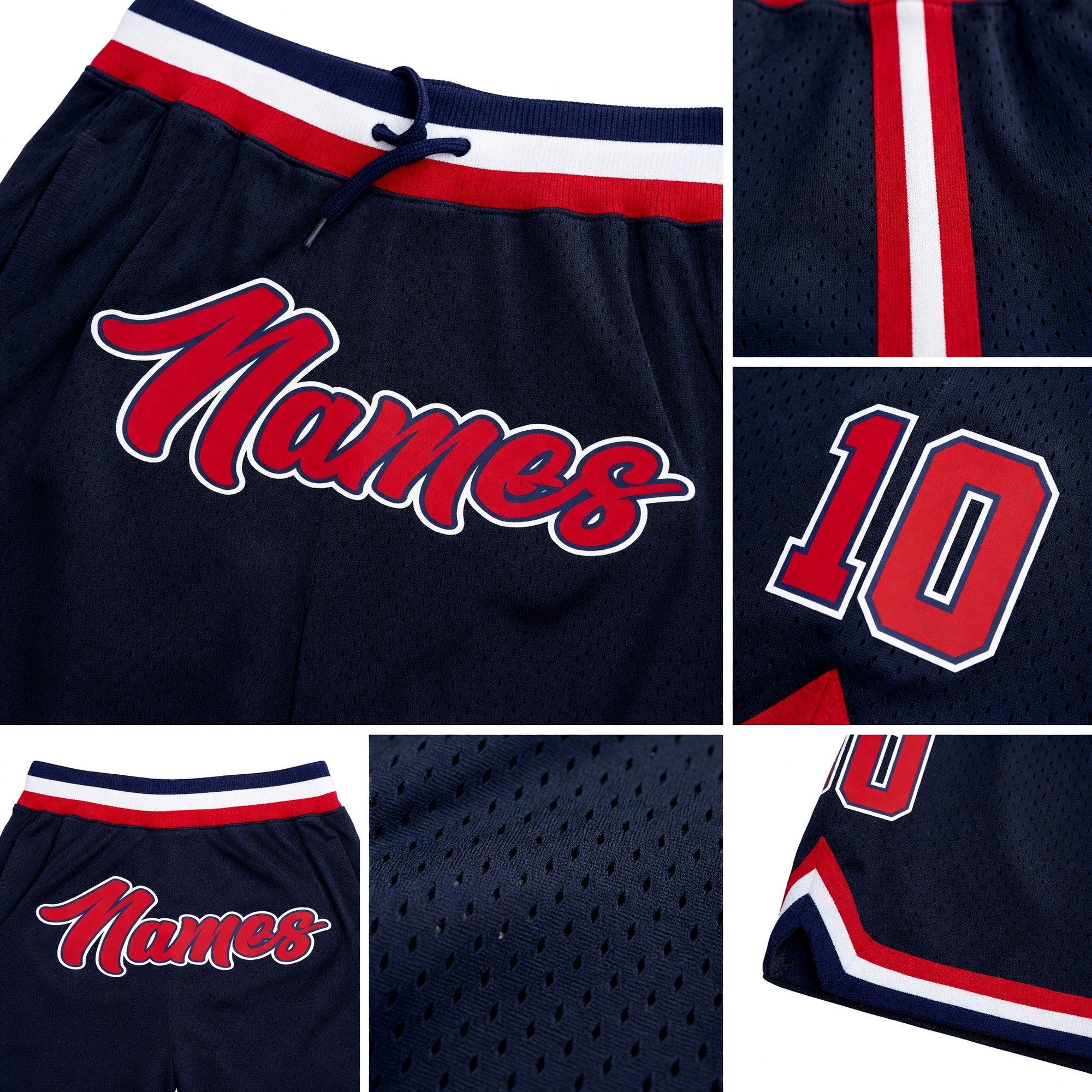 Custom Navy Red-White Authentic Throwback Basketball Shorts detail